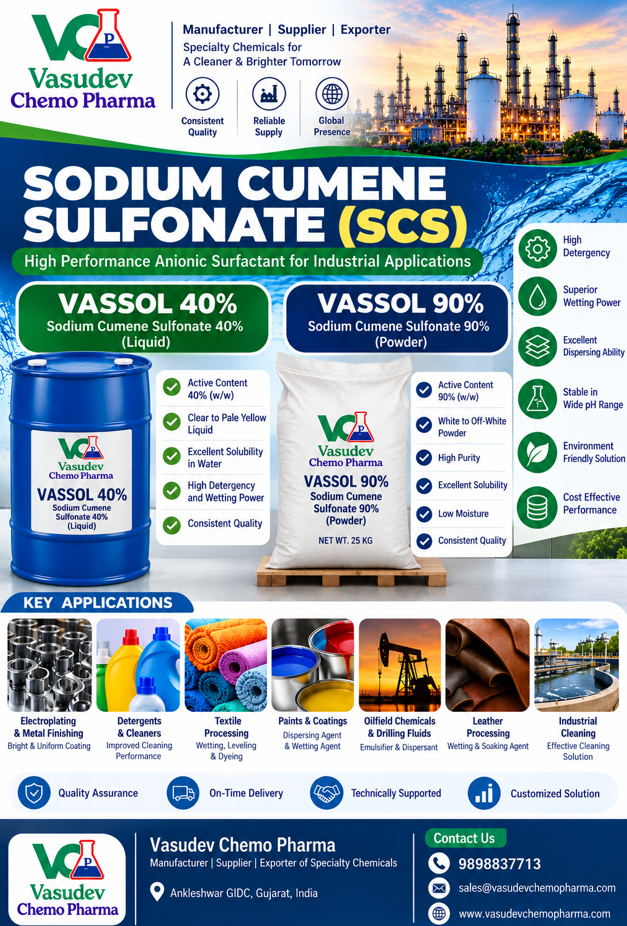 VASSOL 40% liquid drum and VASSOL 90% powder bag of Sodium Cumene Sulfonate (SCS) with key industrial applications