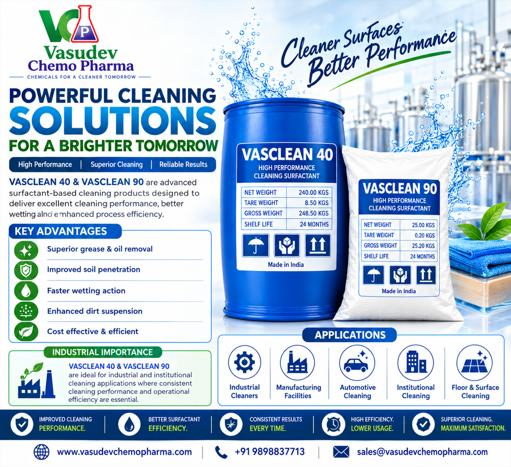 VASCLEAN 40 drum and VASCLEAN 90 bag of Sodium Xylene Sulphonate hydrotrope for industrial and institutional cleaning formulations